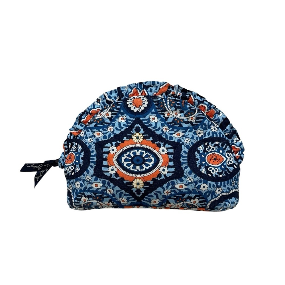 Vera Bradley Medium Ruffle Zip Dome Cosmetic Case Marrakesh Blue Orange White